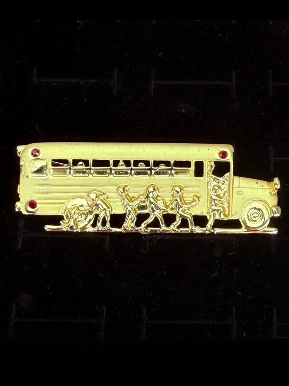 Vintage Goldtone School Bus Brooch with Red Accents